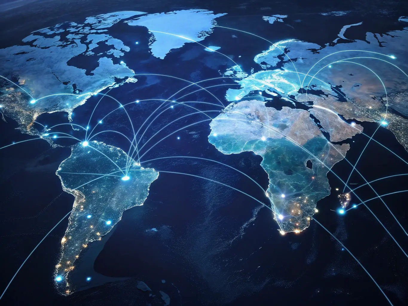 A serene image of a globe with interconnected nodes representing global financial hubs, symbolizing the interconnectedness of global wealth strategies and the firm's international reach.